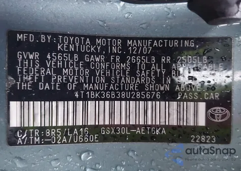 2008 Toyota Avalon Xls z USA, uszkodzony, nr VIN 4T1BK36B38U285676